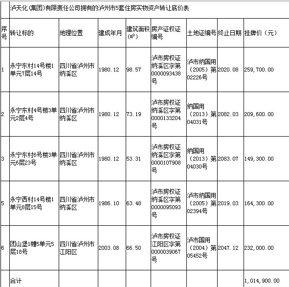 泸天化(集团)有限责任公司拥有的泸州市5套住房